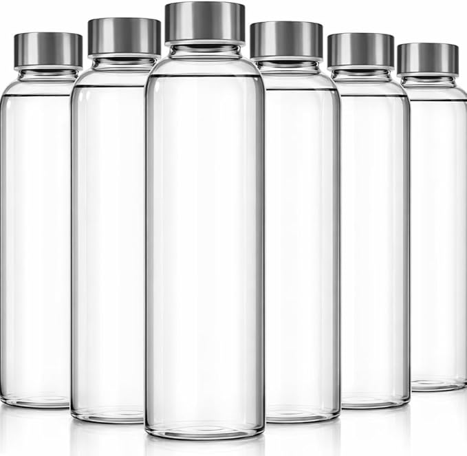 Epica Clear Glass Bottles with Lids, 18oz Resuable Glass Water Bottles for Juicing with Stainless Steel Cap to store Milk, Smoothie, etc., 100% Leak Proof, Durable and Dishwasher Safe (Set of 6)