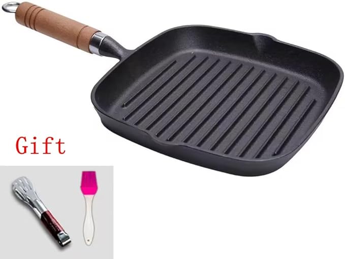 9 Inch Nonstick Grill Pan for Stove Tops, Versatile Uncoated Non-stick Surface Pan, Cast Iron Steak Pot, Indoor & Outdoor Grilling, Free Clips and Oil Brushes