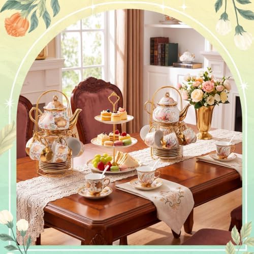 Zhehao 40 Pcs Porcelain Tea Set for Adult, with Metal Holder, Vibrant