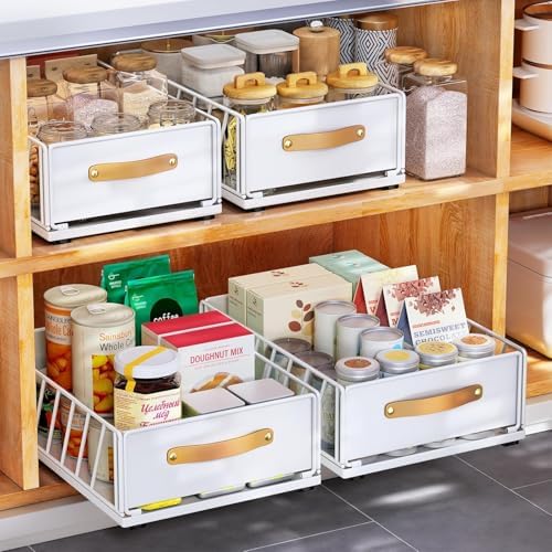 4Pack Pull out Cabinet Organizer,Heavy Duty Slide out Pantry Shelves Drawer Storage with Adhesive Nano Film,Sliding Mesh Basket with Handle for Kitchen, Bathroom, Home, 11.8W" X 15.7"D X 6.2"H,White