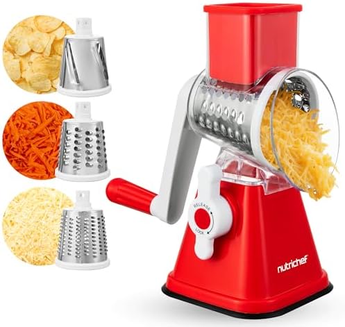 Nutrichef 3 in 1 Cheese Grater & Shredder | Strong Suction Base, Rotary Handle with Safety Lock | Includes Hand Crank & 3 Drum Blades for 3 Textures, Fine, Medium & Strips | Red