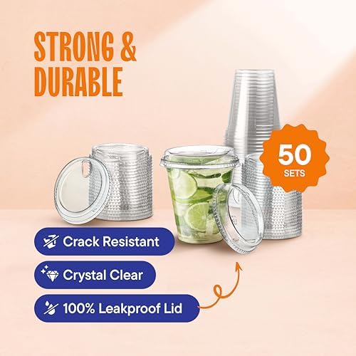 12 oz Clear Plastic Cups with Strawless Sip-Lids [50 Sets] PET Crystal Clear Disposable 16oz Plastic Cups with Lids - Crystal Clear, Durable Cup - BPA Free + Crack Resistant, for Coffee, Juice, Shakes