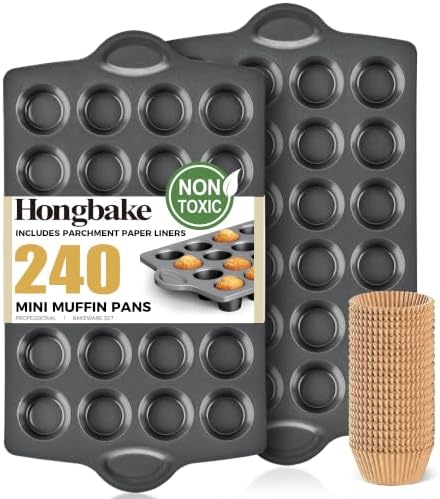 HONGBAKE Mini 24 Ceramic Muffin Pan Set, Nonstick Cupcake Pans with 240 Parchment Paper Liners, Non-toxic, Heavy-duty Small Cheesecake Tray with Ear Shaped Wider Grips, Gray