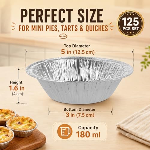 RHBLME 125 PACK Mini Pie Tins, 5 Inch Aluminum Foil Pie Pans Heavy Duty Small Pie Tins, Pot Pie Pans For Bakeries, Cafes, Restaurants, Durable Mini Tart Pans for Pie, Fruit Tarts, Quiche