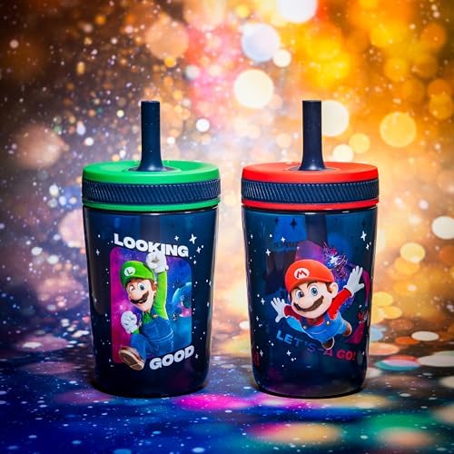 Zak Designs Super Mario Kelso 15oz Leak-Proof Toddler Straw Cups, 2-Pack