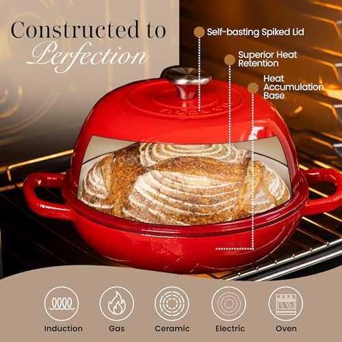 Enamelled Cast Iron Dutch Oven Pot – Dutch Oven For Sourdough Bread Baking – Cast Iron Bread Pot – Red, 6 Quarts, 26cm – by Nuovva
