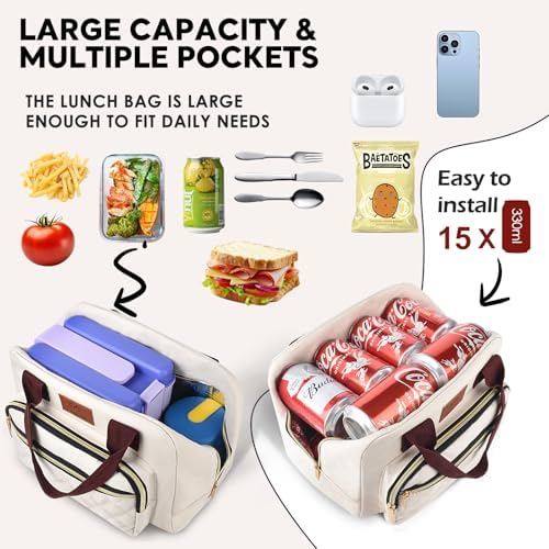 Genteen Lunch box for Women, Insulated Tote LunchBox for Adult Men Reusable Lunch Box with Front Pocket for Work, Picnic or Travel-15 Cans/14 Liters- white