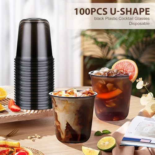 KesaPlan 100 Pcs 12oz Plastic Black Cups, Disposable Wine Cocktail Glasses