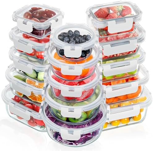 VERONES 30 Pieces Glass Food Storage Containers Set with Lids, White