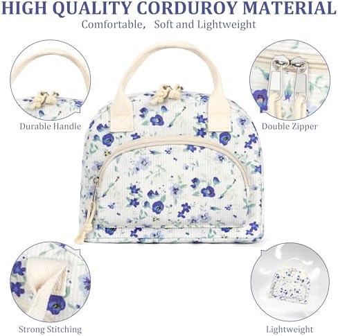 TESAFNG Lunch Bag - Insulated Lunch Box for Women, Reusable Large Capacity Cooler Bag for Adult, Small Leakproof Cute Corduroy Lunch Tote for Work Office Travel Picnic (Blue Flower)