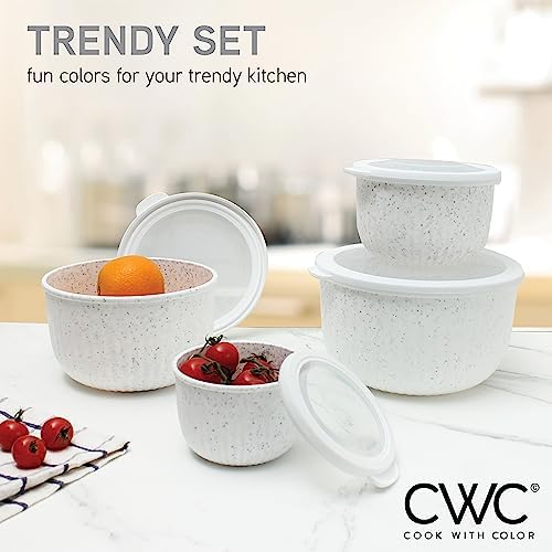 COOK WITH COLOR Prep Bowls with Lids- Wide and Deep Nesting Plastic Small Mixing Bowl Set with Lids, 8 Piece Set - Deep Bowls, Speckled White