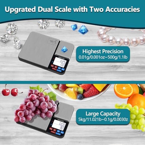 Dual Platform Digital Kitchen Scale, USB Rechargeable, 11lbs/5kg with 0.1g Precision & 500g with 0.01g Precision, with Tare & Accumulation, for Baking, Cooking, Jewelry, and Weight Loss