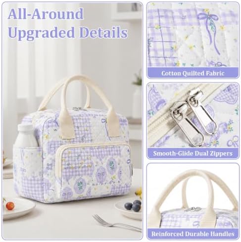 WOBAGMEN Quilted Lunch Box for Women,Large Floral Insulated Lunch Bag with Multiple Pockets,Adjustable Strap,Reusable Lunch Tote Box for Work Picnic Travel (Purple Bow Floral pin, M)