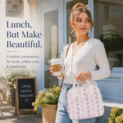 LOVELYWIND Lunch Box for Women, Insulated Lunch Bag, Pink Floral Tote