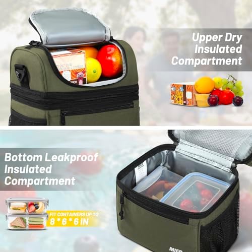 MIER Insulated Lunch Box Bags for Men Women, Dual Compartment, Army Green