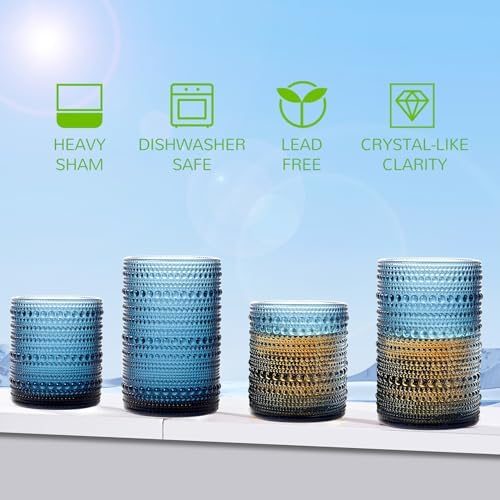 Vintage Hobnail Drinking Glasses Set of 12-14 oz Old Fashioned Glass Cups & 11 oz Cocktail Glasses, Aesthetic Kitchen Bar Tumbler Glassware Gifts Sets, Blue (12Pcs Blue XL)