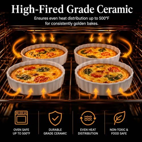 6oz Creme Brulee Ramekins Set of 4 - Ceramic Baking Dishes, Non-Stick Porcelain Pie Dish, Wave Round Baking Dish for Dessert, Pie, Tart, Souffles, Appetizers, Oven and Dishwasher Safe