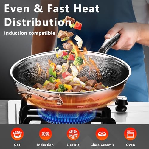 SAKAMOSH Hybrid 12inch Wok with Lid, Stainless Steel Woks & Stir-Fry Pans Nonstick, Non Toxic, PFAS PFOA PTFE Free, Dishwasher and Oven Safe, Works on Induction