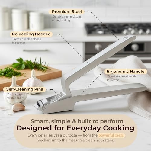 No Peeling Required, 100% Stainless Steel Garlic Press – Odor-free Cleaning, Rust Proof, Detachable Handle, Fine Mincer, 5 years Guarantee, Dishwasher safe garlic crusher tool, Moledor de ajo