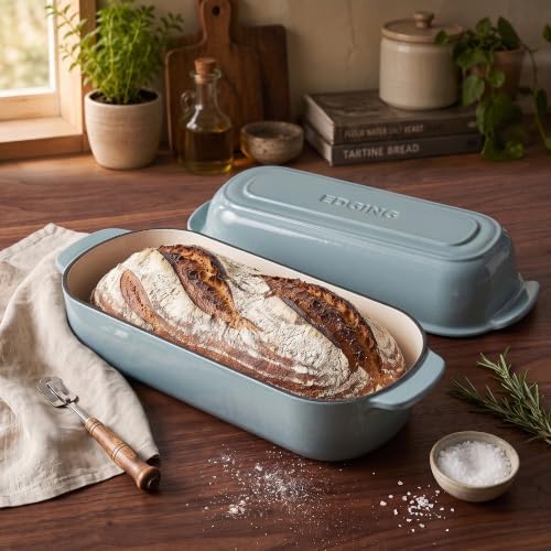 EDGING CASTING Enameled Cast Iron Loaf Pan with Lid, Bread pan, Dutch Oven Bread pan for Homemade Sourdough Bread Baking, 12.5x5.5 inch, 5qt, Seasalt