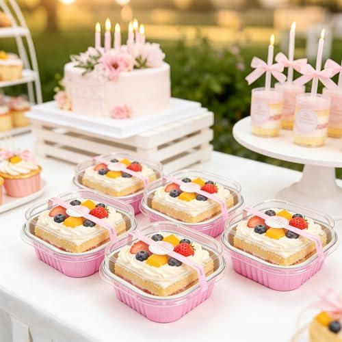 NPLUX Mini Cake Pans with Lids, 50 Pack Pink 5oz for Picnic Desserts