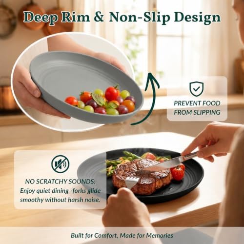 Homienly Deep Dinner Plates Set of 8 Alternative for Plastic Microwave and Dishwasher Safe Wheat Straw Kitchen Unbreakable Kids with 4 Colors (Stone Grey, 8 inch),(Deep plates-8)