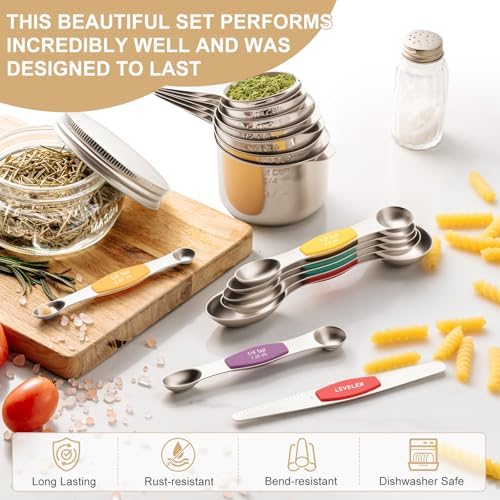 Stainless Steel Measuring Cups & Spoons Set, EWFEN Kitchen Tools Nesting Measuring Cups and Spoons, Fits in Spice Jars for Baking & Cooking, BPA Free, Set of 15 with Leveler, Multicolor