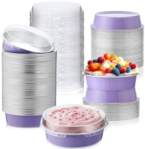 Yinder 8 oz Disposable Creme Brulee Ramekins with Lids, 4 Inch Mini Pie Tins Aluminum Foil Pie Tart Cake Baking Pans Individual Round Containers Oven Safe(Taro Purple,120 Pcs)