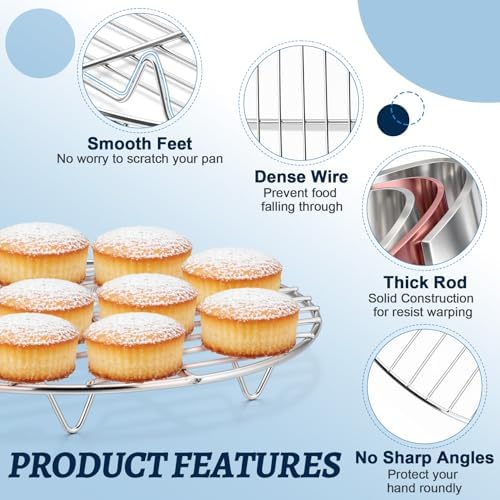 P&P CHEF 10.5 Inch Cooking Rack Round for Steaming Cooling, Silver, 2 Pack