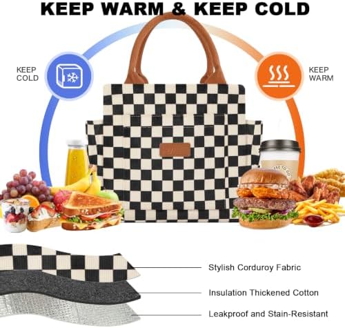 Joymee Lunch Box Women for Work Insulated Corduroy - Checker Black