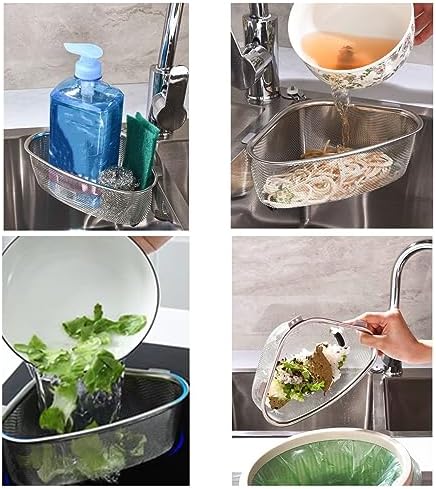 Kitchen Triangle Sink Strainer, Corner Sink Strainer, Multifunction Sink Drain Strainer Basket, Stainless Steel Food Catcher Strainer for Kitchen Waste, Vegetable, Fruits (Silver) (CF-001)