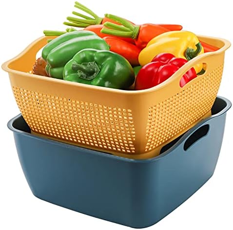 Jucoan 2 Pack 9 & 8 Quart Large Kitchen Strainer Colander Bowl Set, Double-Layer Plastic Fruits Vegetable Washing Basket, Drain Bowls for Cleaning Washing Mixing, Detachable (Blue, Orange)