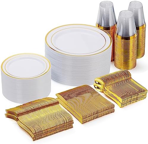 Goodluck 300 Pieces Gold Disposable Dinnerware Set for 50 Guests