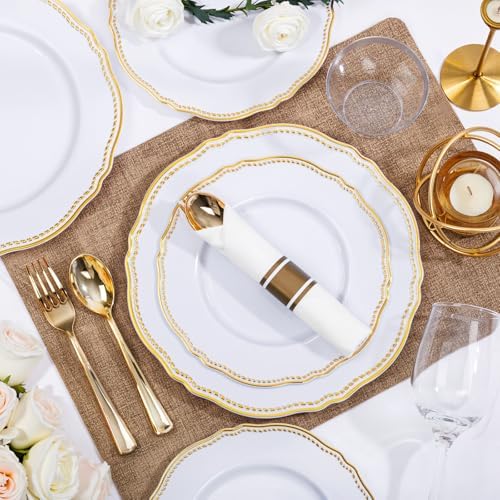 Hioasis 175 Pcs White and Gold Plastic Plates Wedding & Party