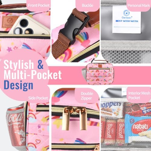 Genteen Lunch Box for Kids, Boys - Insulated Small LunchBox Reusable, Zip Closure & Buckle Handle, Portable Cooler for Work, School, Travel (Rainbow)
