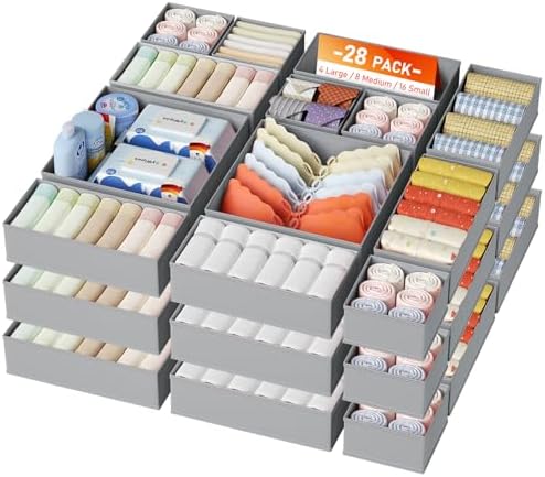 DIMJ Drawer Organizer Clothes, 28 Pack Dresser Organizer, Foldable Closet Organizers and Storage, Fabric Dresser Bins, Drawer Dividers for Nursery, Baby Clothes, Underwears, Sock,Gray