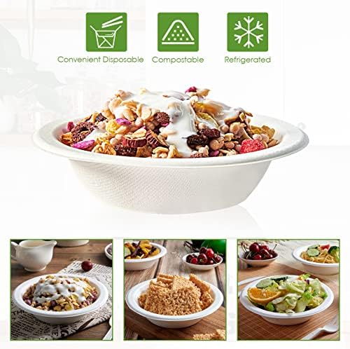 Vplus 200 Pack 16 OZ Compostable Paper Bowls, Bagasse Bowls，White