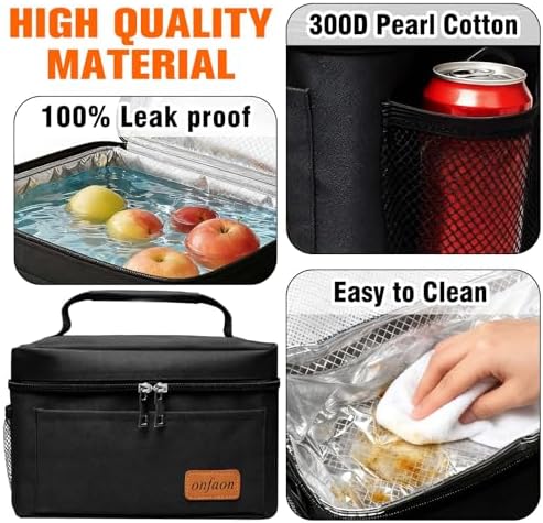 ONFAON Lunch Bag for Men/Women, Insulated Reusable Lunch Box Leakproof Cooler Tote Bag Freezable with Adjustable Shoulder Strap for Office Work Picnic Beach(Black)
