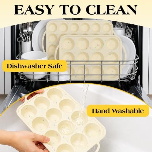 CAKETIME Silicone Muffin Pans for Baking, Metal Reinforced Frame Regular 12 Cups & Mini 24 Cups Cupcake Pan Set Nonstick Muffin Pan for Homemade Baking Easy to Handle