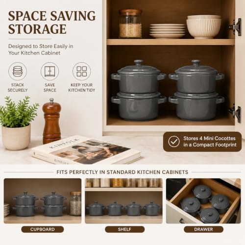 Mini Dutch Oven Set of 4, 14 oz Ceramic Mini Dutch Ovens with Lids and Handles, Ramekins with Lids for French Onion Soup, Pot Pies, Soufflés and Baked Desserts, Oven Microwave Dishwasher Safe, Mini Cocotte, Grey
