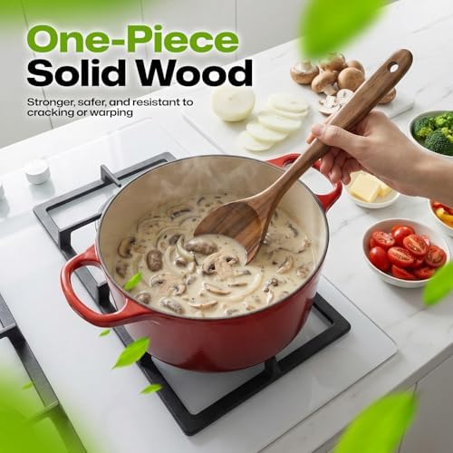 AIUHI Teak Wood Mixing Spoon, 12.6" Long Wooden Spoon for Cooking, Non-Stick Safe Wooden Mixing Spoon with Hanging Hole, Ideal for Stirring Sauces & Mixing Batters