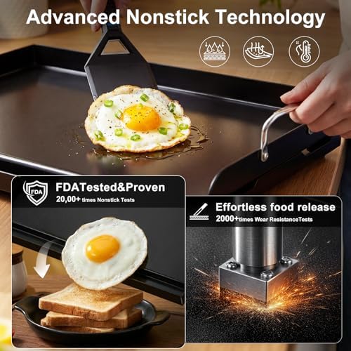 Cast Iron Griddle for Gas Grill with 5-Piece Silicone Griddle Tool Kit 25" x 16" Nano-Ceramic Nonstick Grill Griddle for Gas Charcoal Grills Flat Top Grill Accessories with Stainless Steel Core Tools