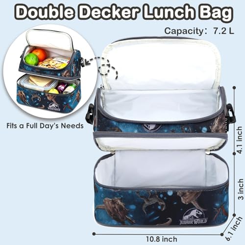 FlowFly Double Decker Cooler Insulated Lunch Bag Large Tote for Boys, Girls, Men, Women, With Adjustable Strap, MyDinosaur