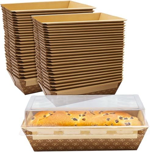 Chef-Grade 1Lb Paper Loaf Pans w/Lids 50Pk. Elegant Disposable, Bakeable Kraft Pan Supplies for Baking Bread, Small Meatloaf, Bundt Cake Sweets for Holiday Gifts, Bake Sales or Fundraiser.