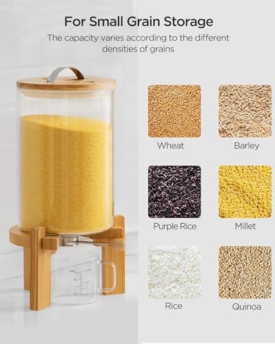 HBlife 14-16 Lbs Glass Rice Dispenser with Wooden Stand Flour and Cereal Container with Glass Measuring Cup Pantry Food Organization Storage Bin with Airtight Bamboo Lid, 8L