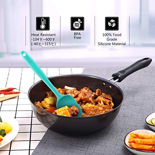 HOTEC 600℉ Heat Resistant BPA-Free Silicone Rubber Spatula Set,Kitchen Cooking Spatulas, Baking, Mixing for Non Stick Cookware, Dishwasher Safe, Set of 5 Aqua Sky