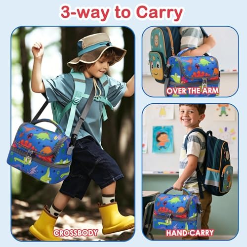 FlowFly Kids Double Decker Cooler Insulated Lunch Bag Large Tote for Boys, Girls, Men, Women, With Adjustable Strap, Dinosaur