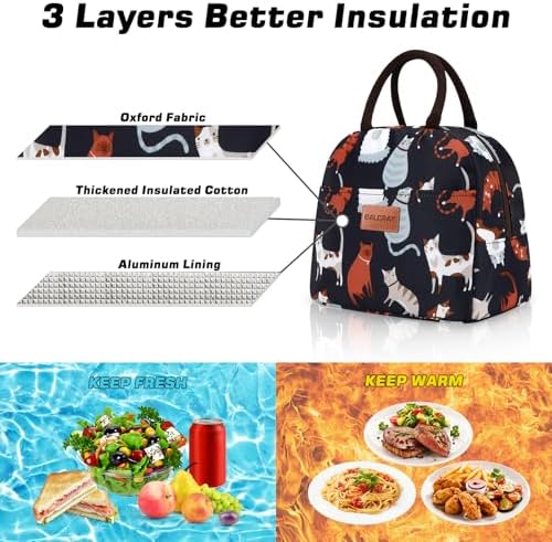 BALORAY Lunch Bag for Women Men Adult Lunch Box (Dark Blue With Cat), M