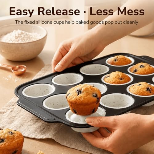 Silicone Muffin Pans for Baking, 12-Cup Muffin Tin with Metal Frame