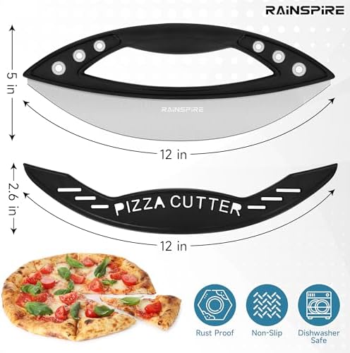 Rainspire 12" Pizza Cutter Rocker Blade Stainless Steel Pizza Rocker with Cover Sharp Blade Pizza Knife Dishwasher Safe Kitchen Gadgets Home Essentials, Black